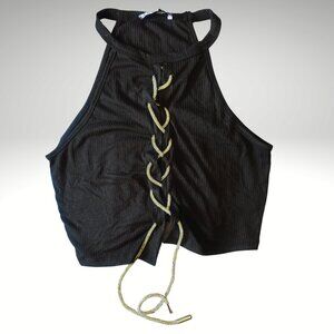 Love J Black Crop Top Racerback Rhinestone Lace Up Large NWT